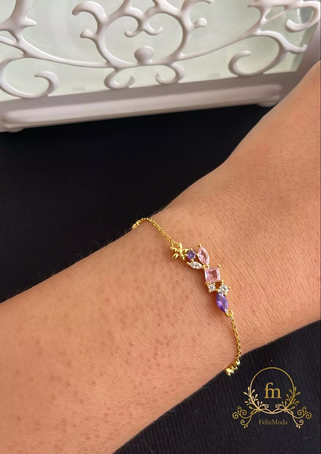 Purple , pink and gold flowers silver bracelet gold plated image