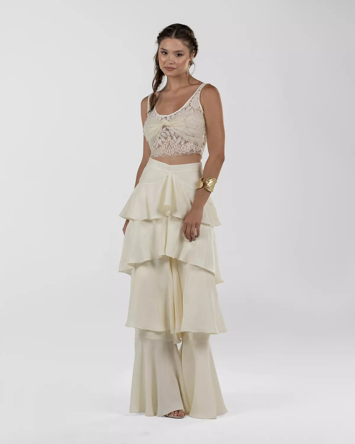 Chic Off-White Silk Ruffled Wide-Leg Pants 13