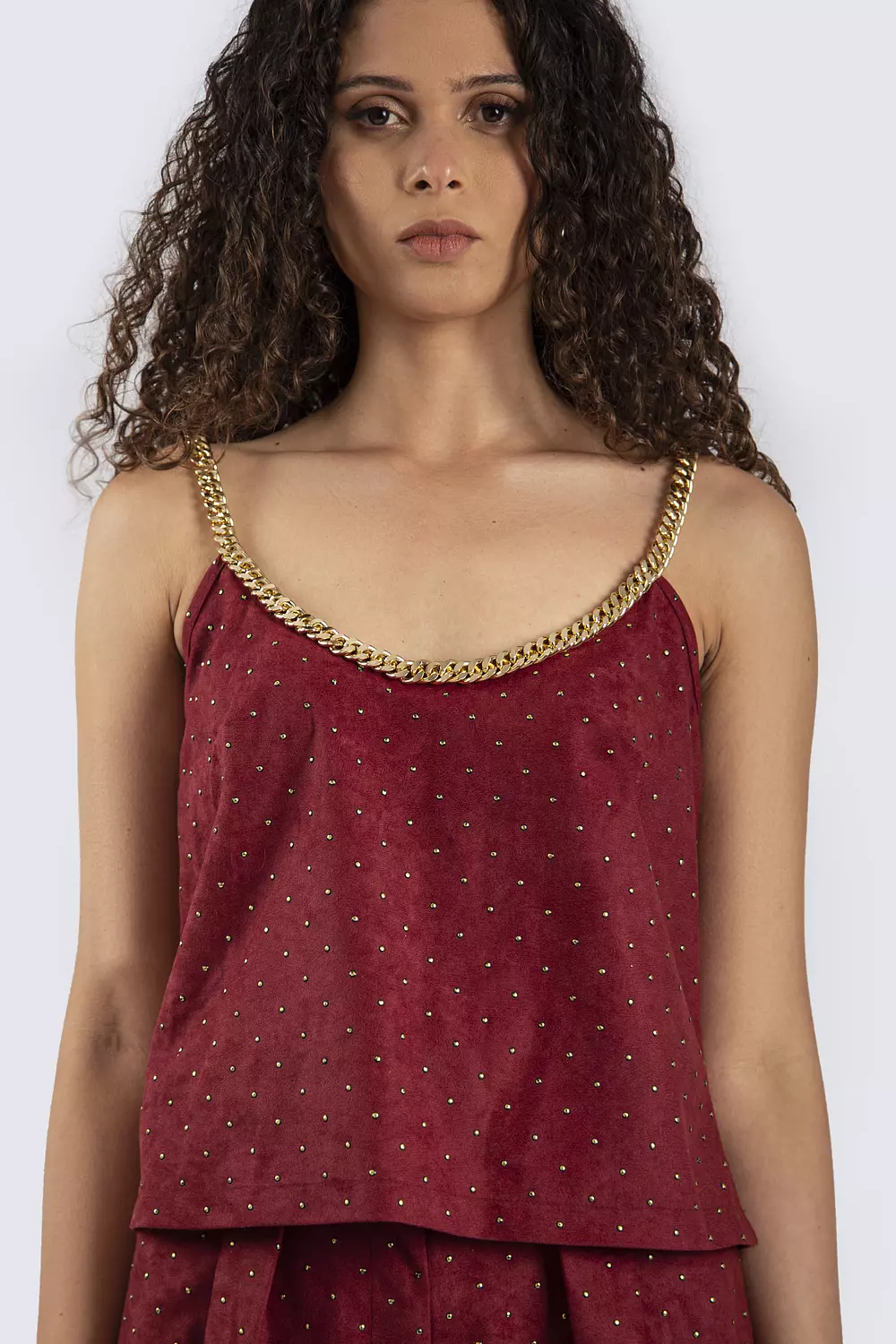 Suede Burgundy Top with Gold Studs and Chain image