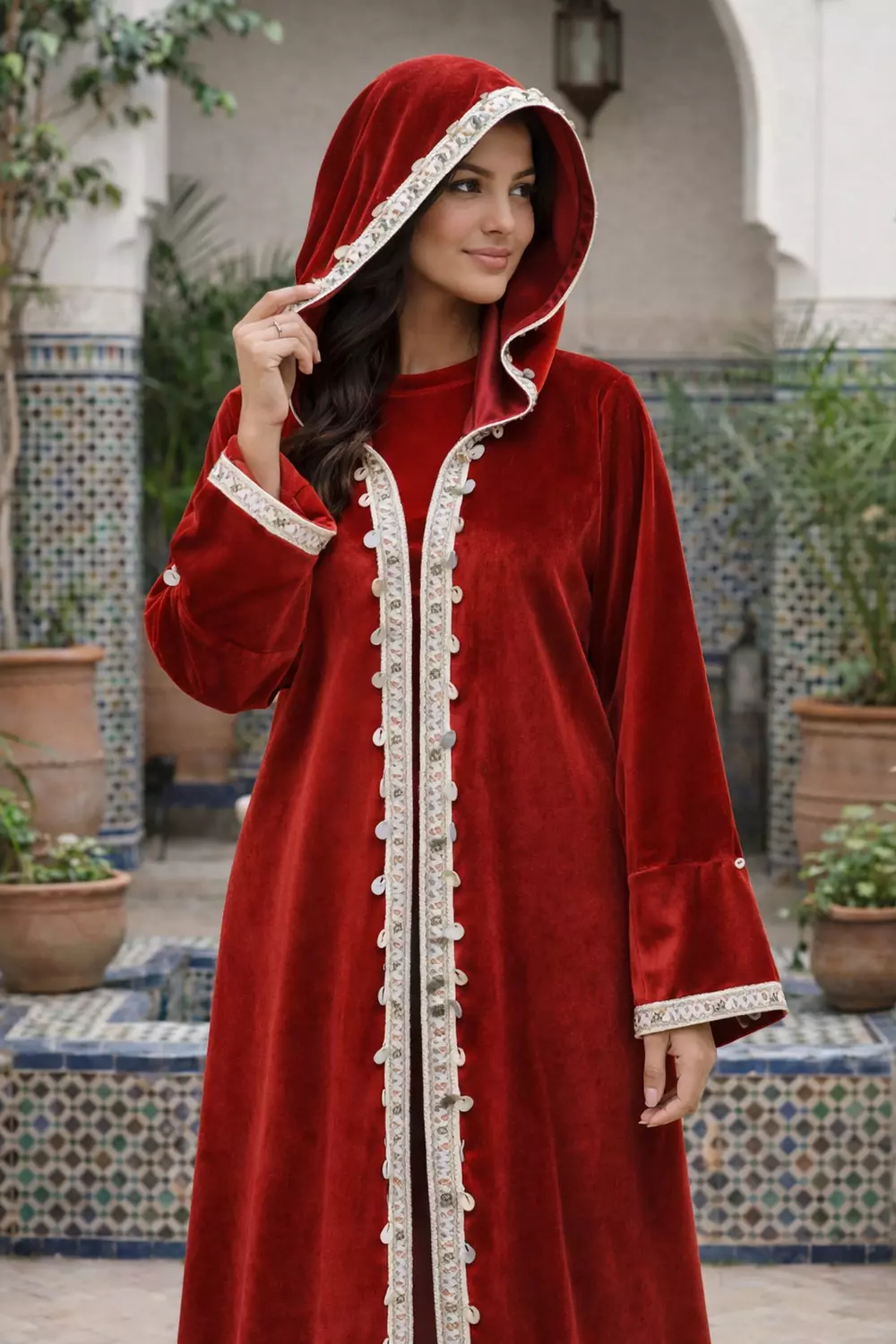 Women's Velvet Ramadan Hooded Kaftan with Lace Trim, Long Sleeve Abaya Robe 9