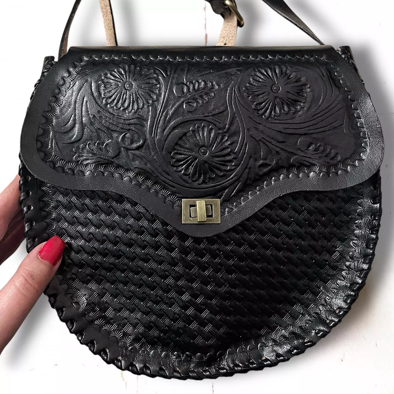 Floral round basket bloom tooled leather bag image