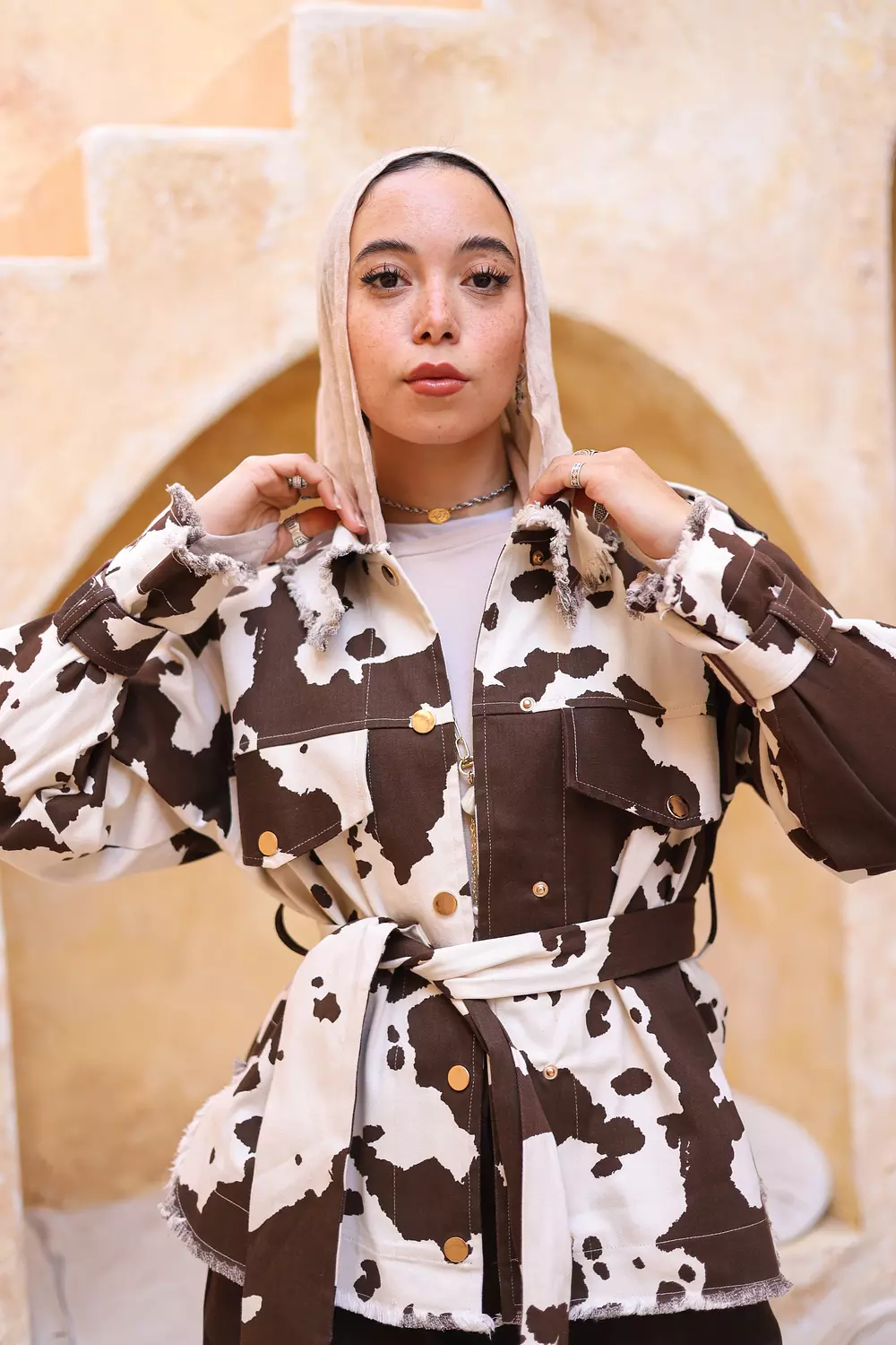 COW PRINT BELTED JACKET 5