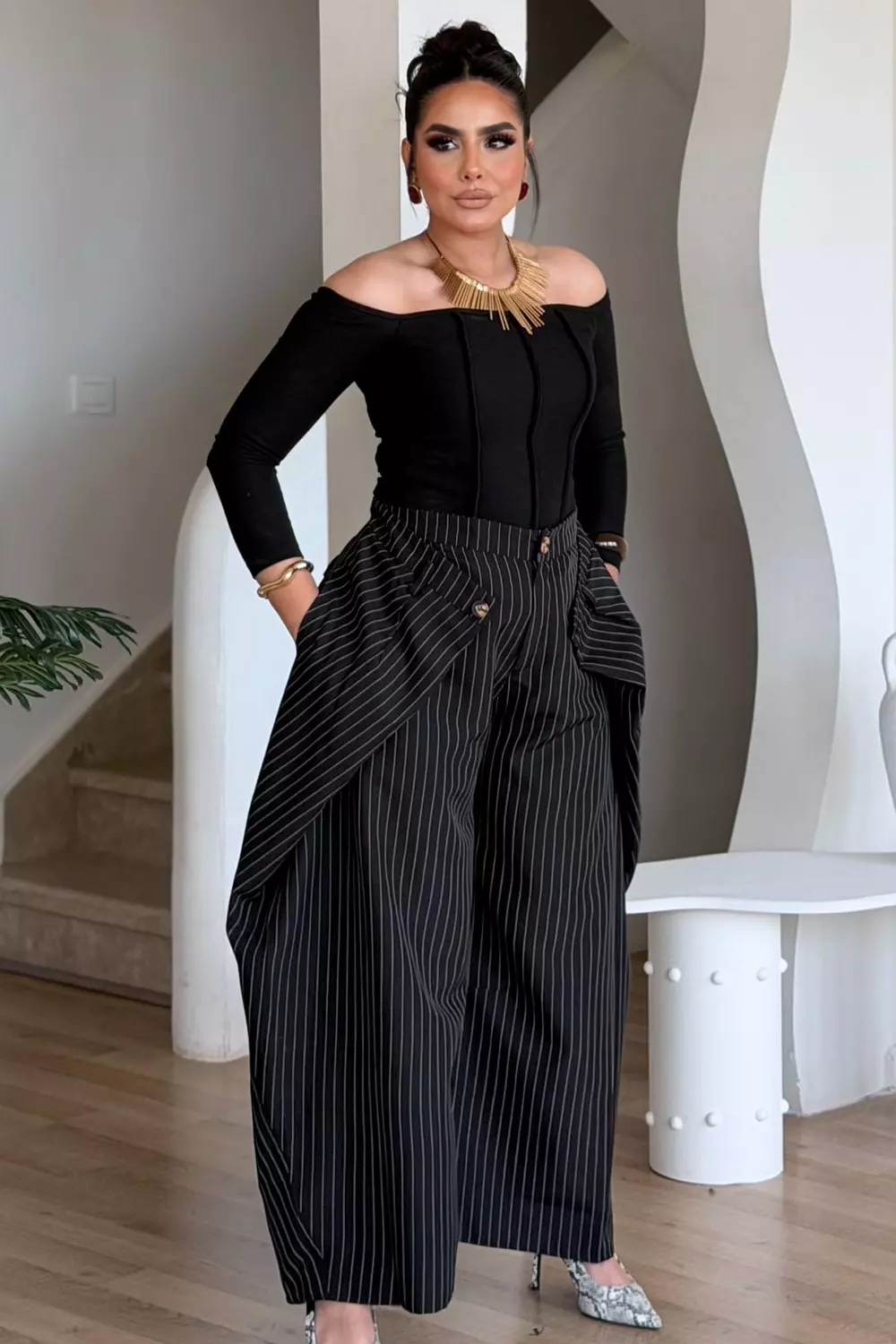 Pinstripe Extra Wide-Leg Trousers with Draped Front 7