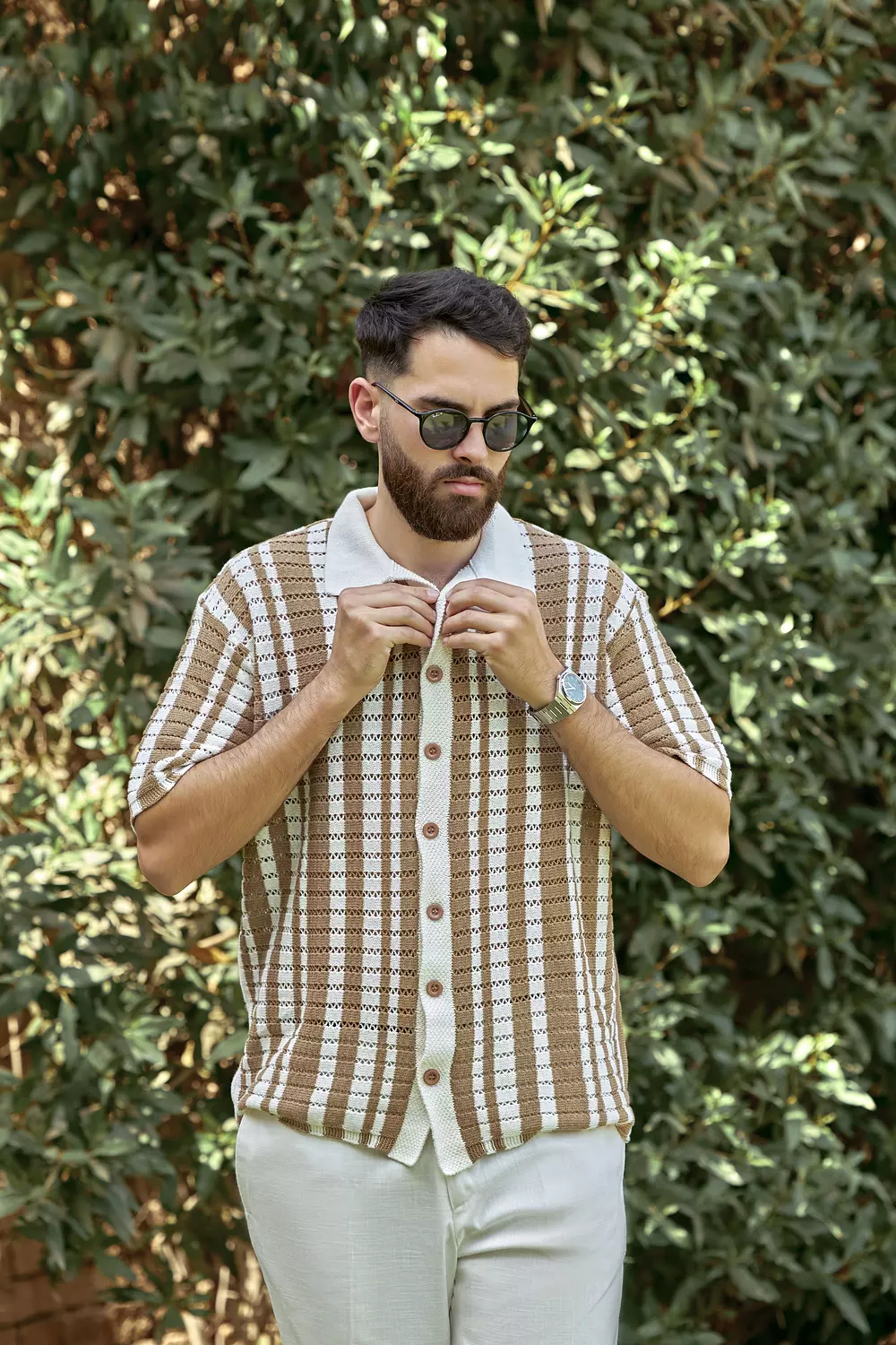 Retro Striped Crochet Button-Up Shirt 2