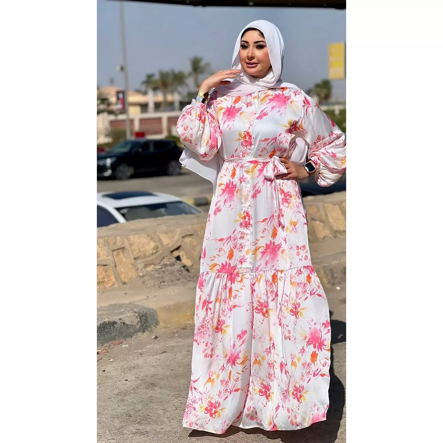 Satin Printed Dress With Long Sleeves - Fuchsia  &  Orange hover image