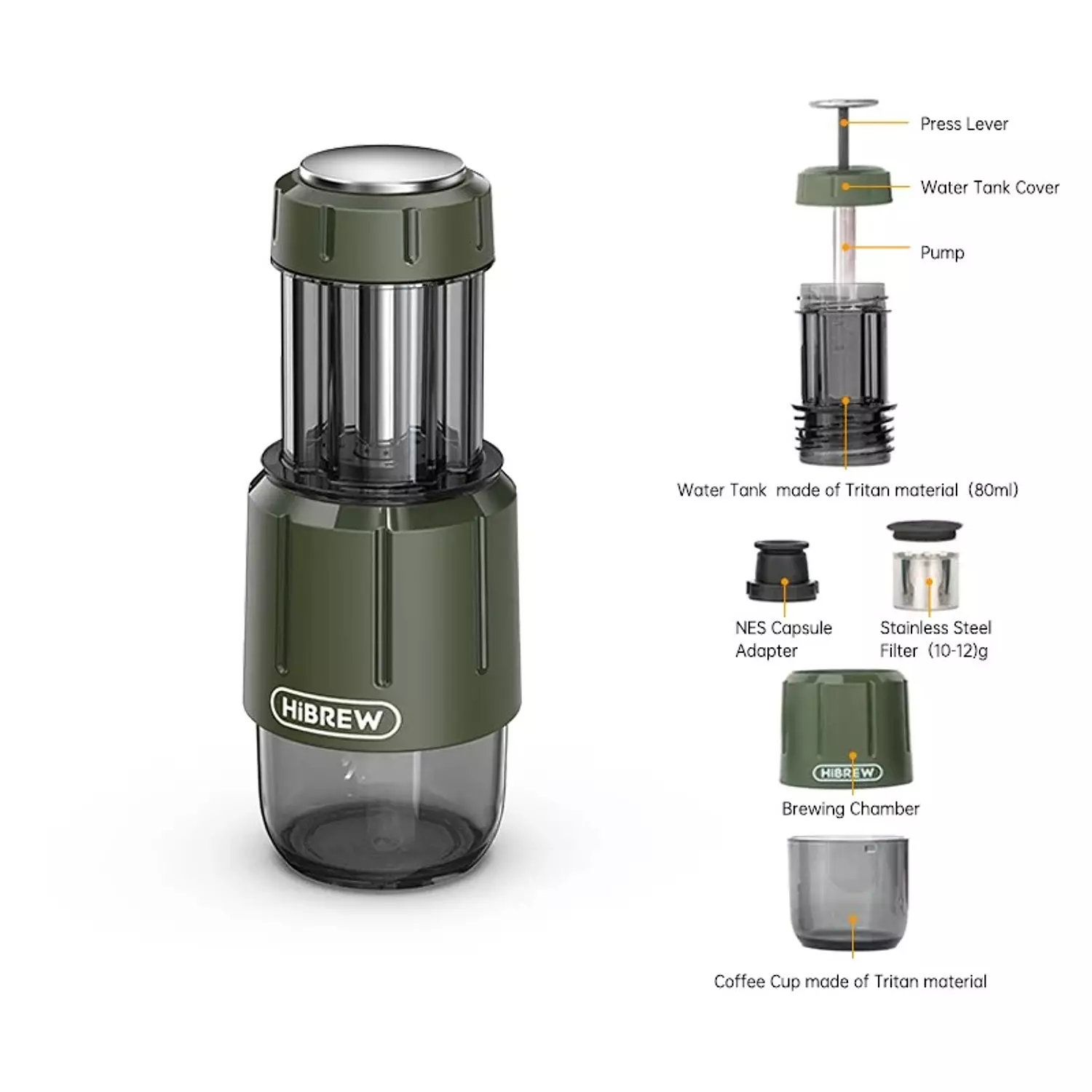 HiBREW H4D 2 in 1 Portable Manual Espresso Maker, Hot & Cold Brew, for Capsule & Ground Coffee, Hand Press Brewer 5