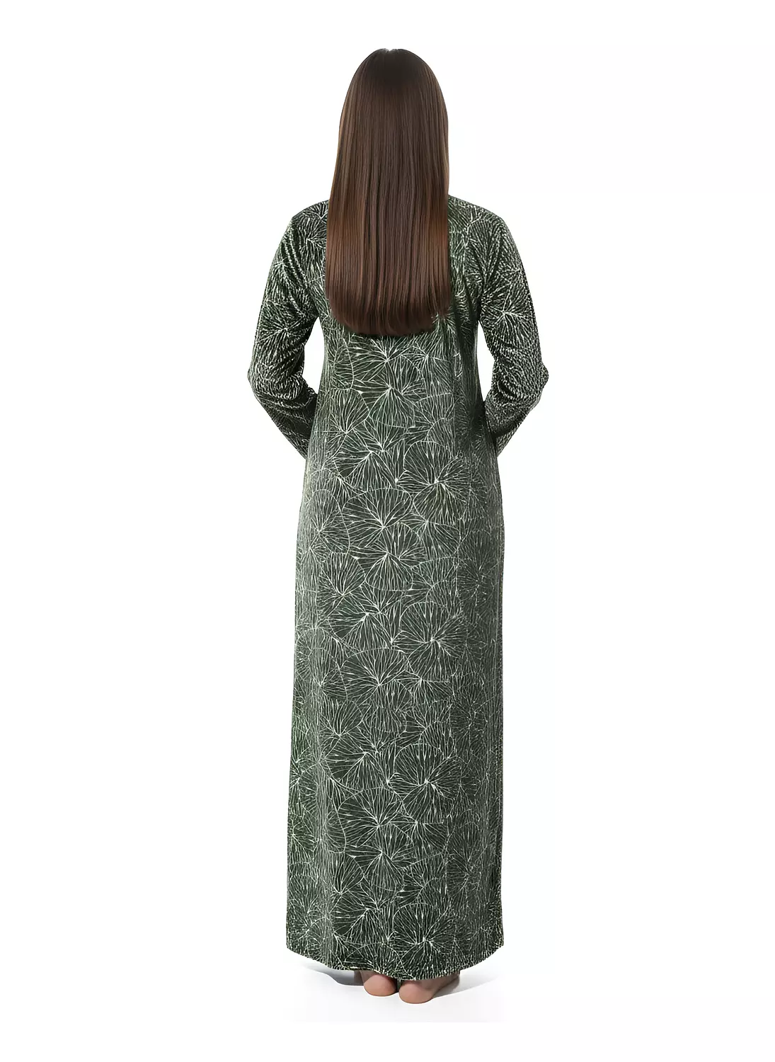 Shorto Women's Fleece Circle Leaves Printed Nightgown - 2649 - Dark Green 4