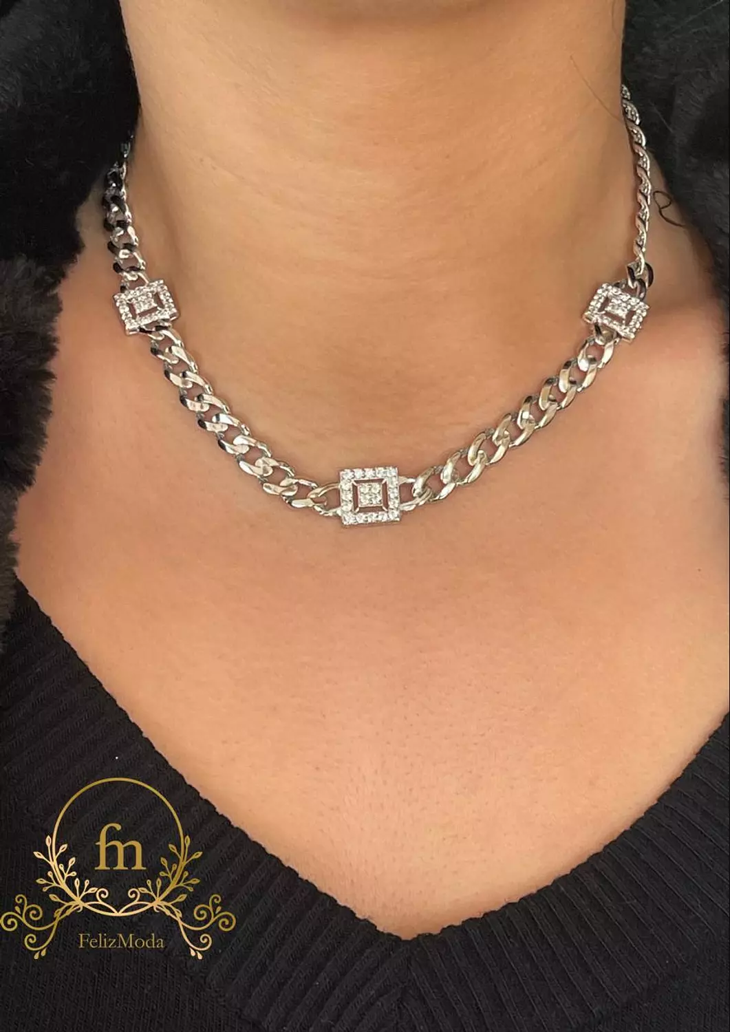 Three squares braided silver tennis necklace image