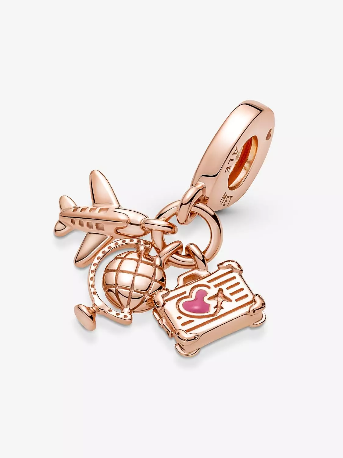 Airplane, Globe & Suitcase Triple Dangle Charm 14k rose gold plating