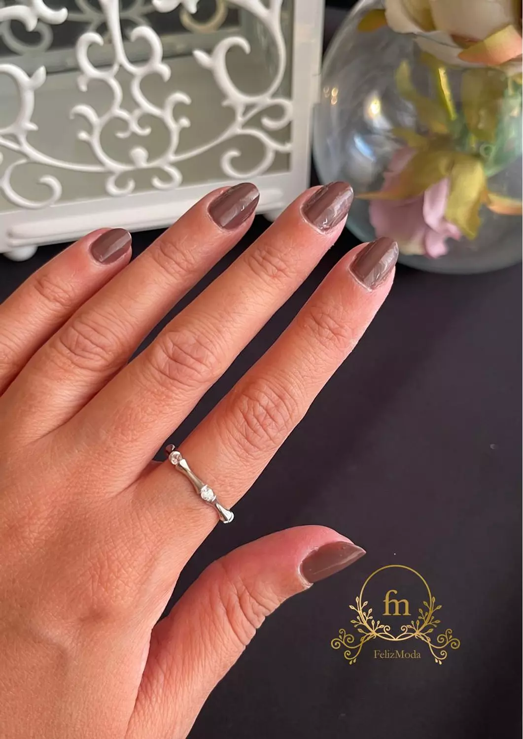 Bamboo lucky silver ring with zircon stones image