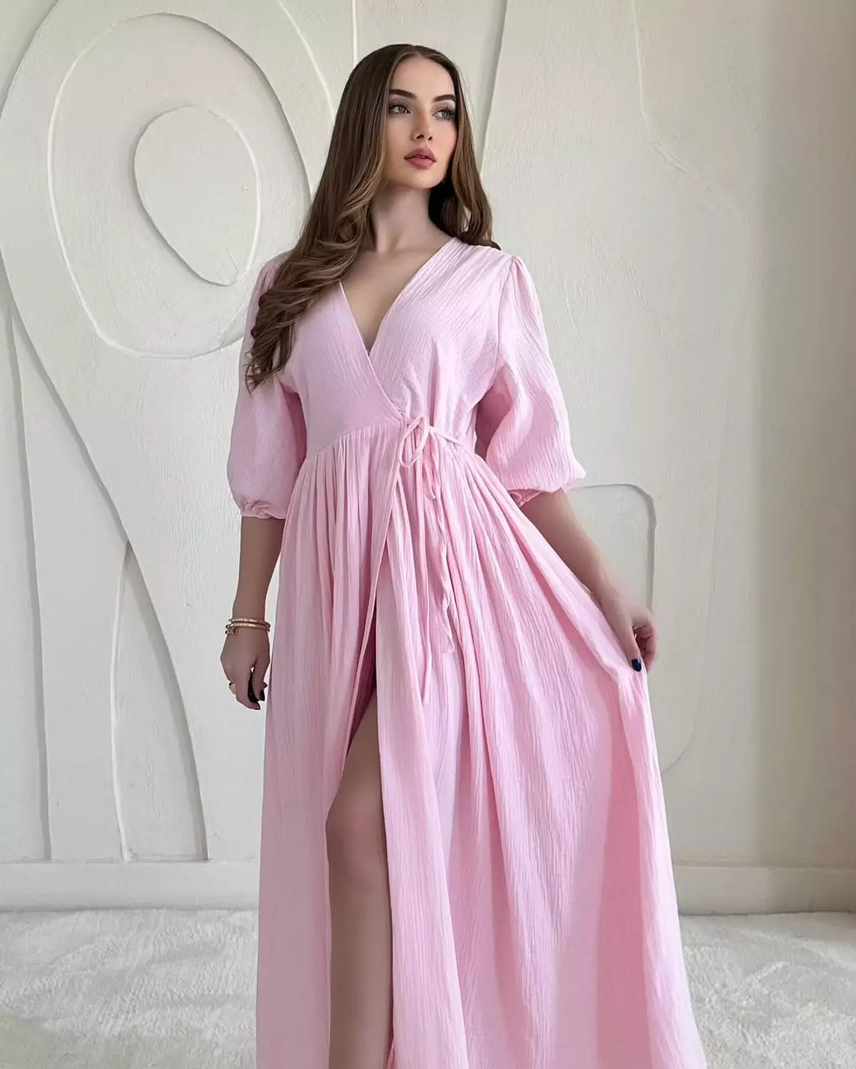 Crinkled Wrap Maxi Dress with Front Slit image
