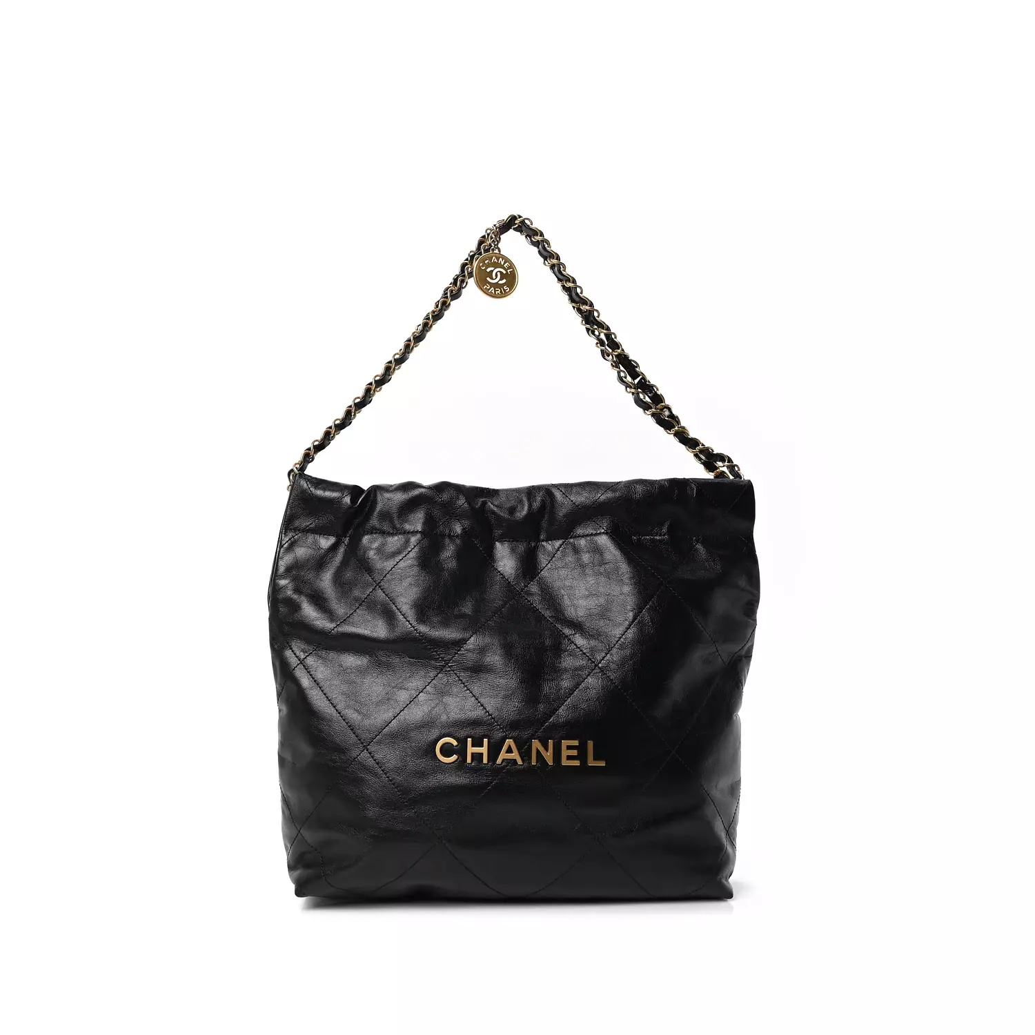 Chanel Shiny Calfskin Quilted Small Chanel 22 Bag in black.  image