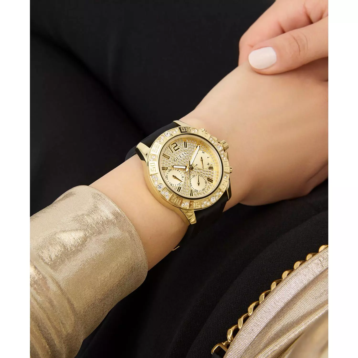 GUESS Ladies Black Gold Tone Multi-function Watch Black Silicone Strap GW0772L5 6