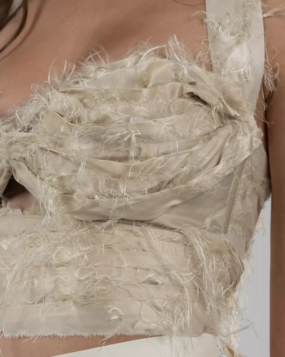 Chic Beige Silk Duchesse Top with Feathers 4