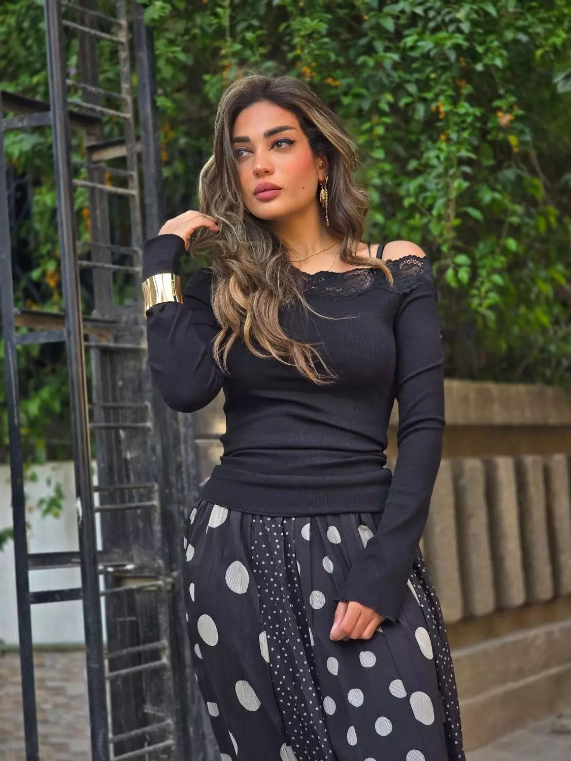 Black off shoulder lace top hover image