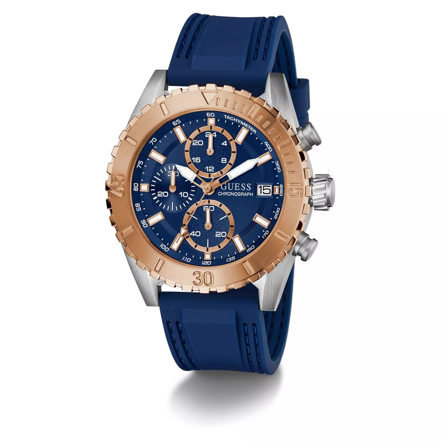 GUESS Mens Blue 2-Tone Chronograph Watch BLUE Silicone Strap GW0967G4 3