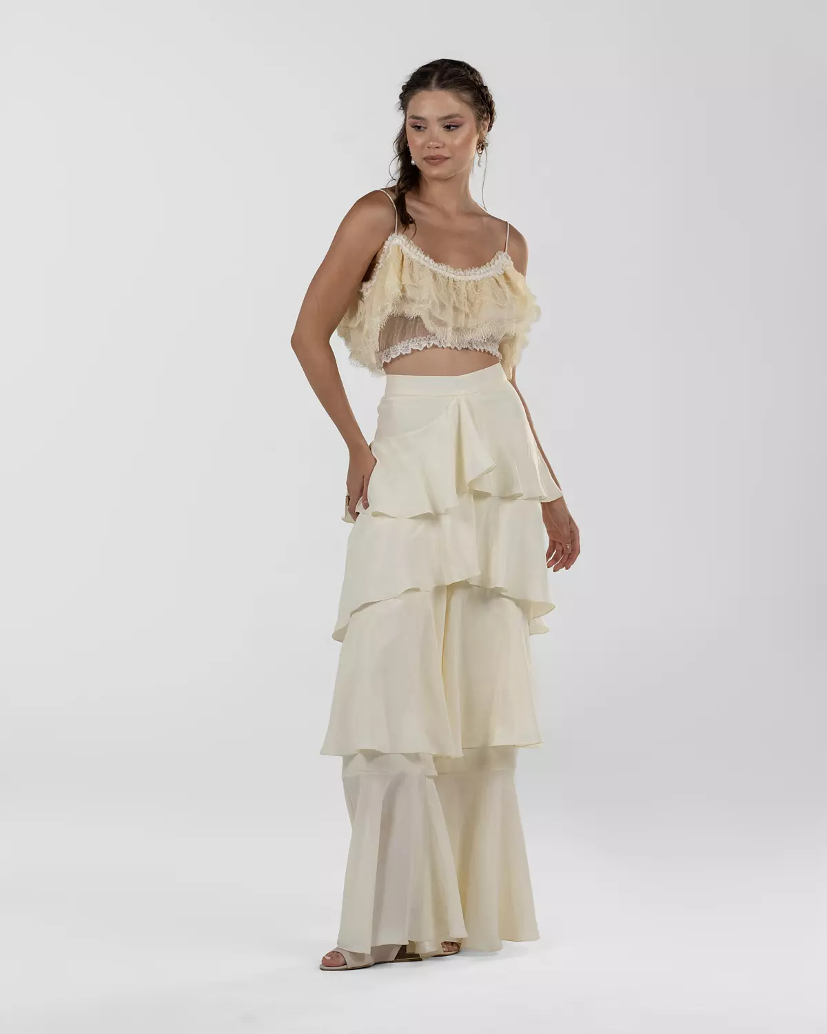 Chic Off-White Silk Ruffled Wide-Leg Pants 11