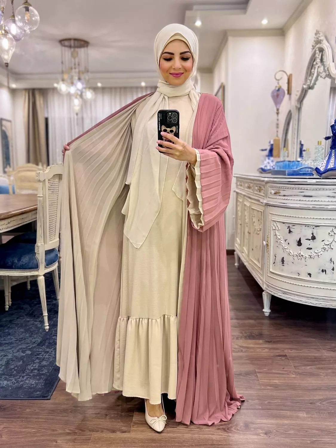 Double-faced Pleated Open Abaya- Beige & Kashmir 2