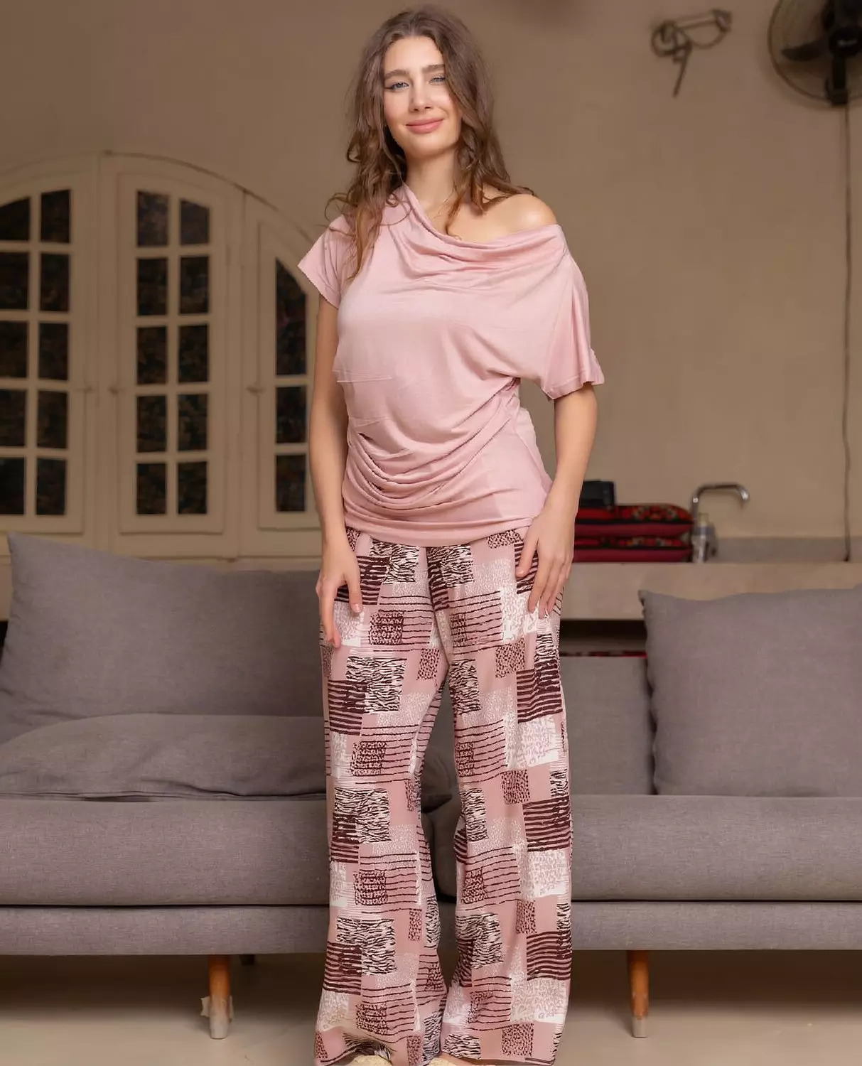 Pink Off-Shoulder Pajama Set image