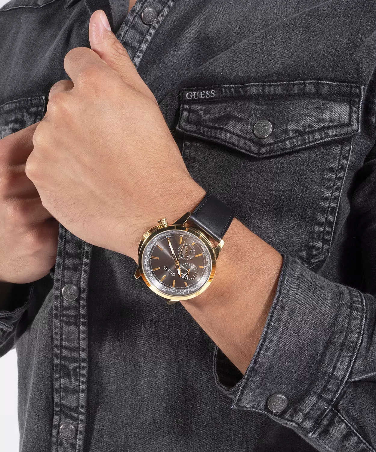 GUESS GW0540G1 ANALOG WATCH For Men Round Shape BlackGenuine Leather Smooth Strap 7