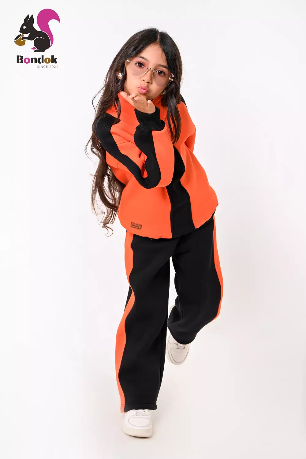 BONDOK Girls’ Winter Black-Strip Tracksuit – High-Neck Half-Zip Sweatshirt & Joggers Set  – Cozy Melton Fleece, Ages 4–14 3