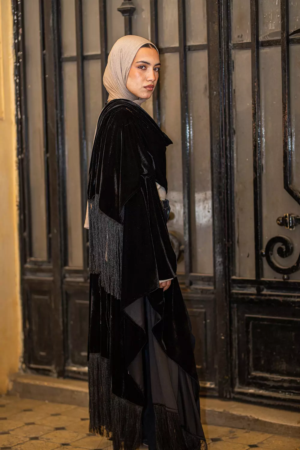 Black fringes velvet scarf hover image