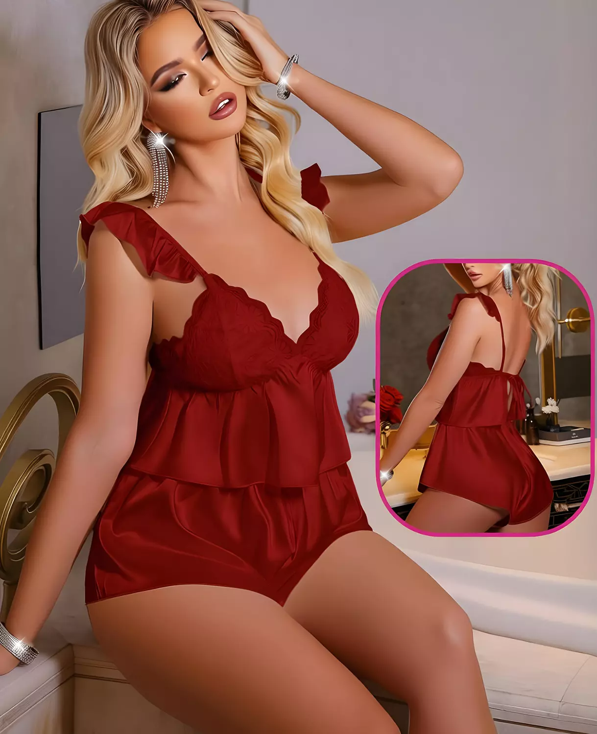 Ruffled Satin & Lace Cami Short Set 4