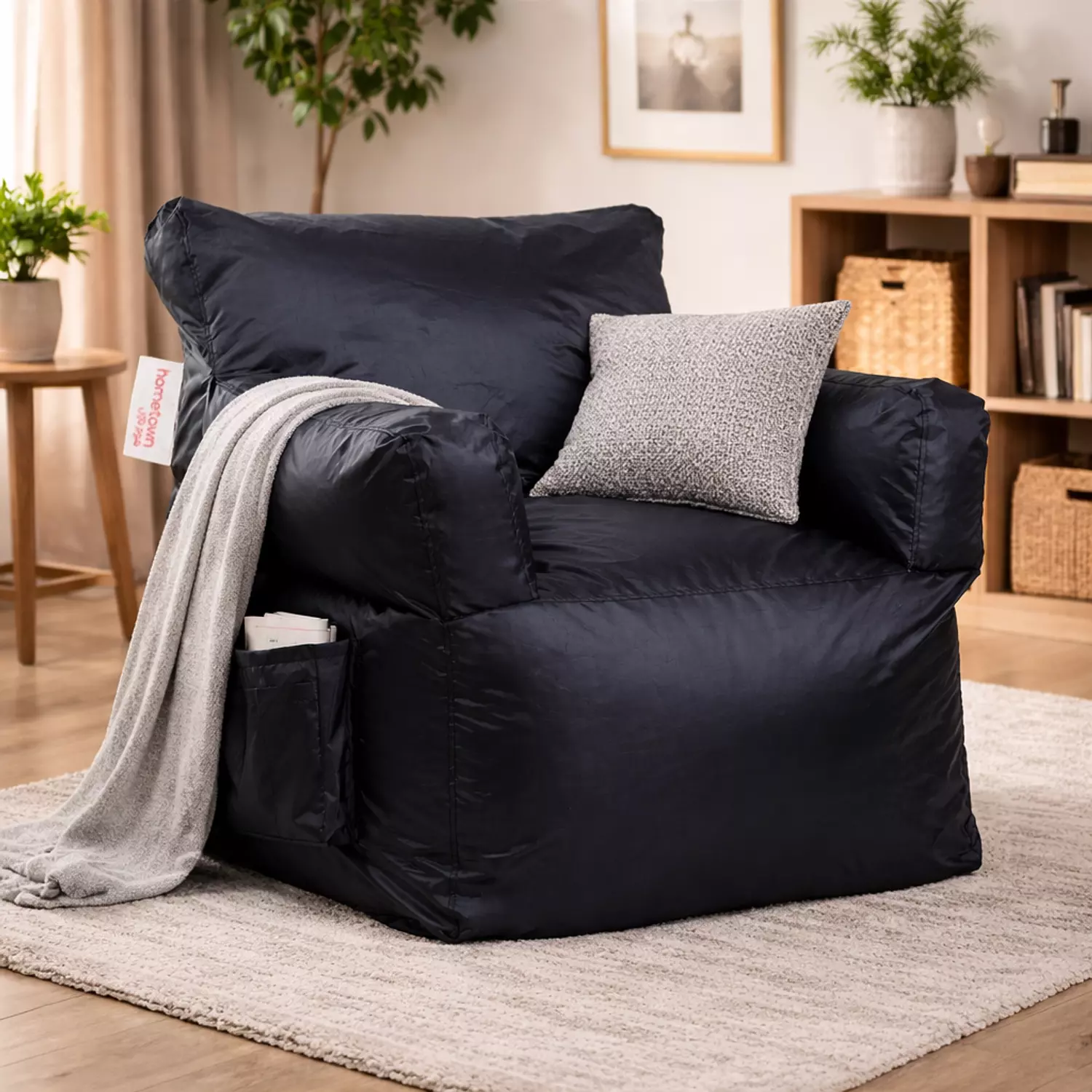 Black bean bag armchair with headrest image