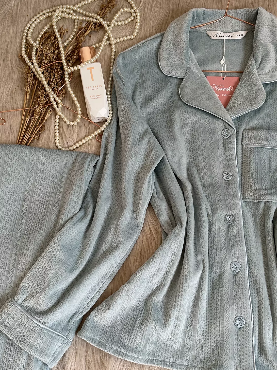 Powder Blue Velvet Jacquard Pajamas 1