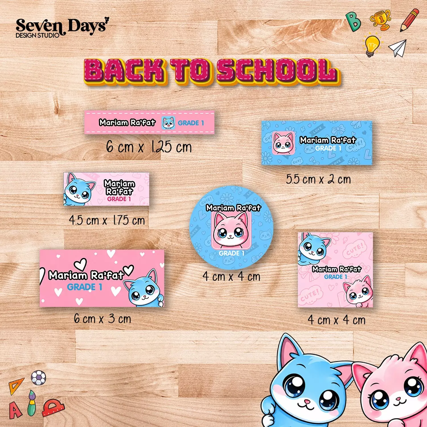 Pink and Blue Cat School Labels image