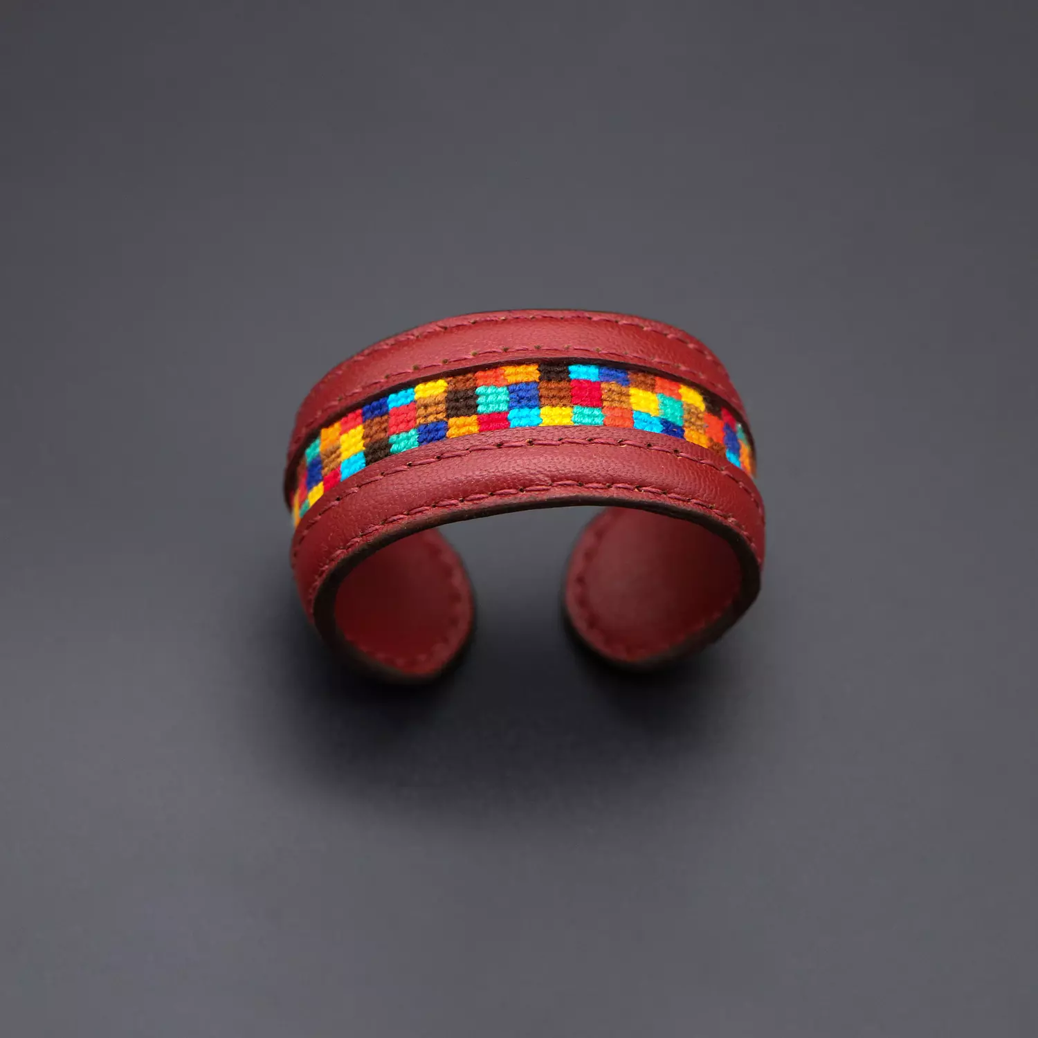 Burgundy Genuine leather cuff with colorful Cross-stitching image