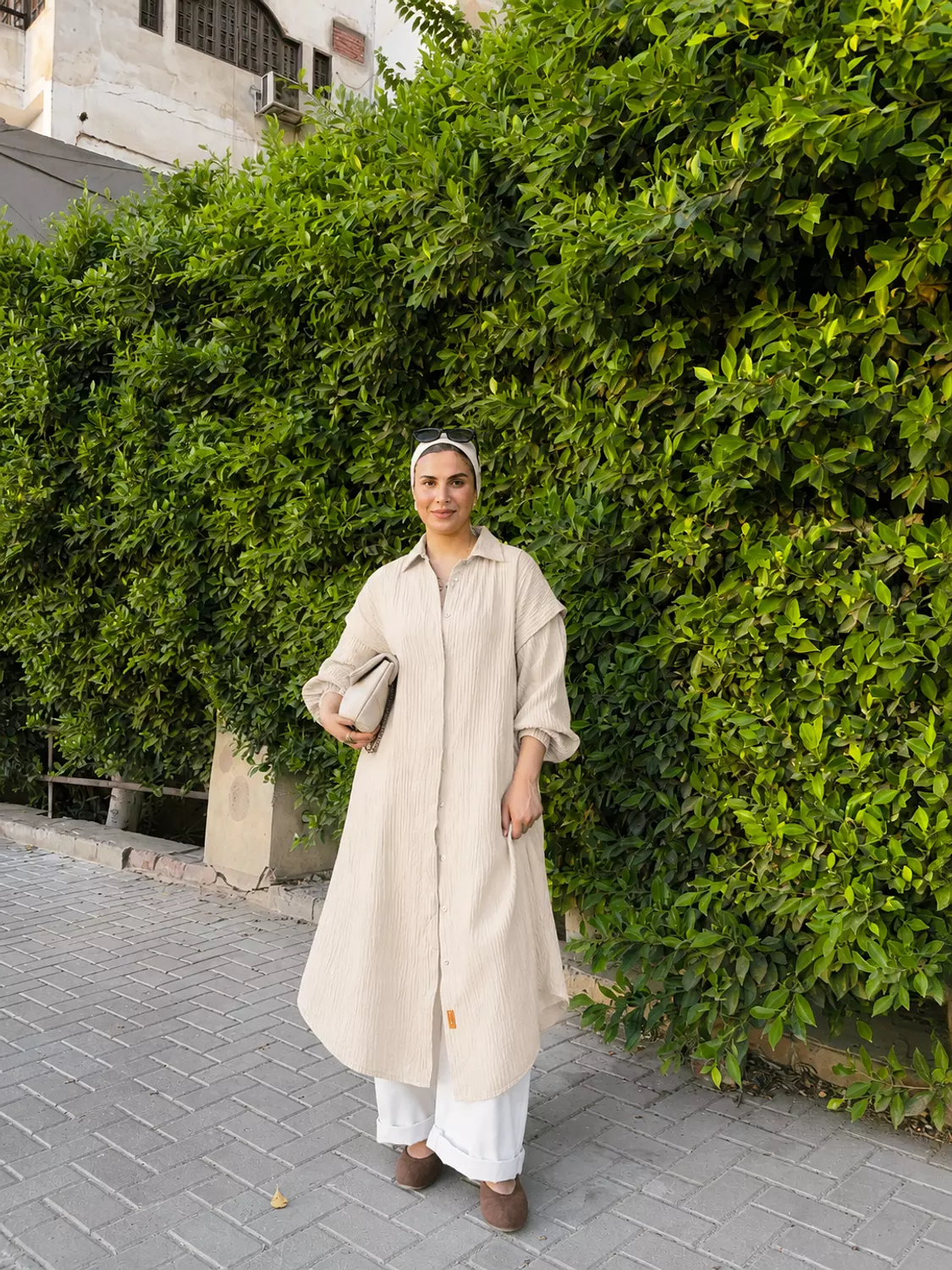 Crinkle Cuffs Shirt Dress in Beige image