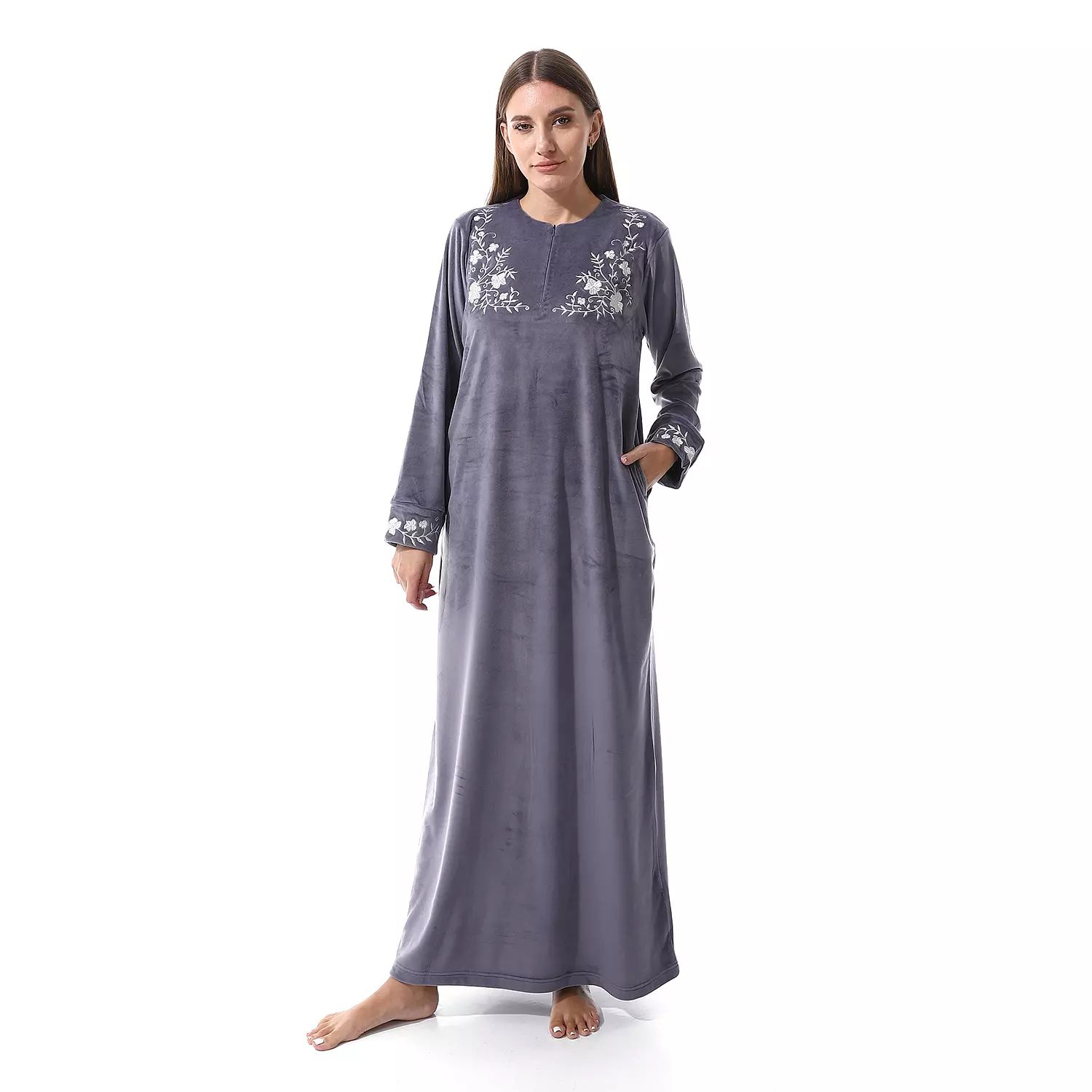 Shorto Women Nightgown Fleece Round Neck - Embroidery Flower - 2525 - Grey image