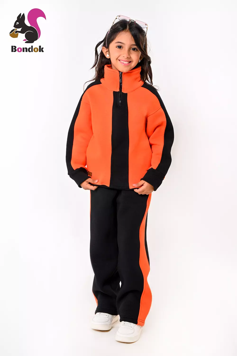 BONDOK Girls’ Winter Black-Strip Tracksuit – High-Neck Half-Zip Sweatshirt & Joggers Set  – Cozy Melton Fleece, Ages 4–14 7