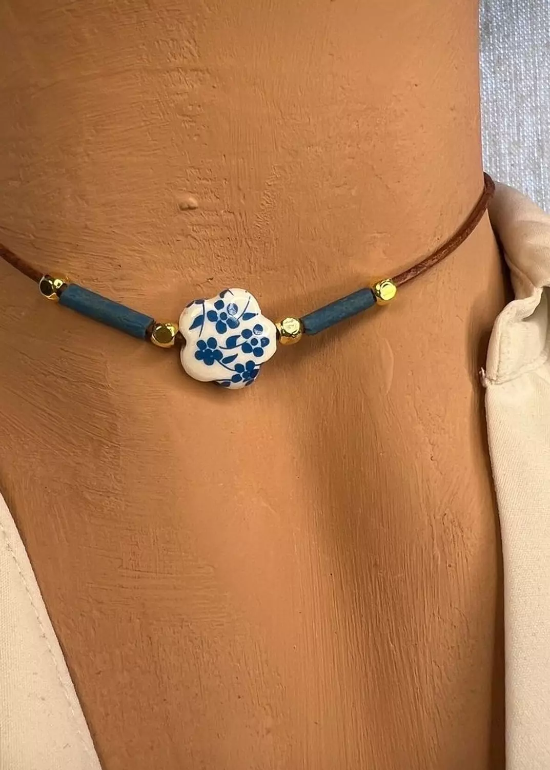 Delicate Ceramic with genuine leather Choker Necklace
