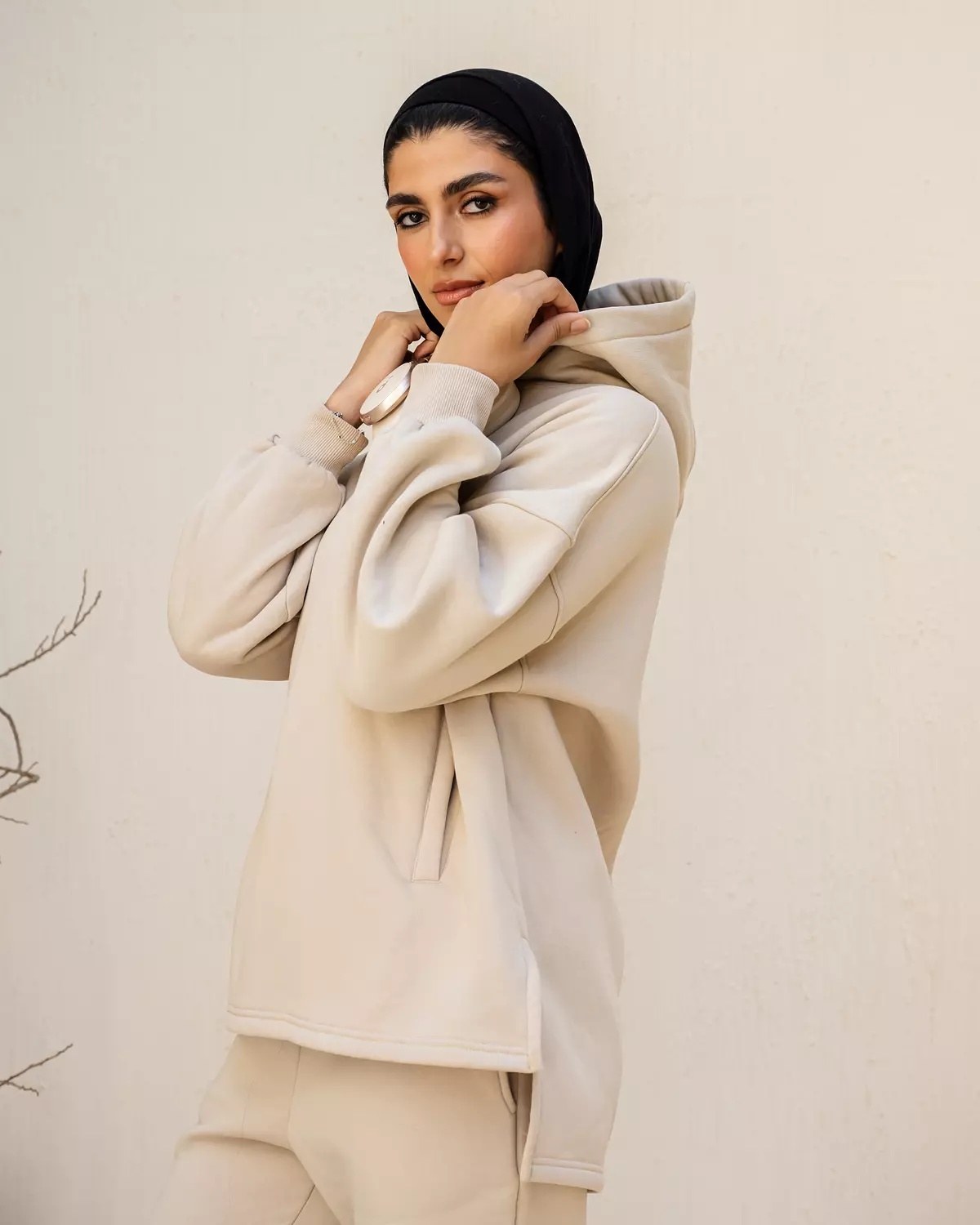 <p style="text-align: center">Hoodie Top in Beige</p>