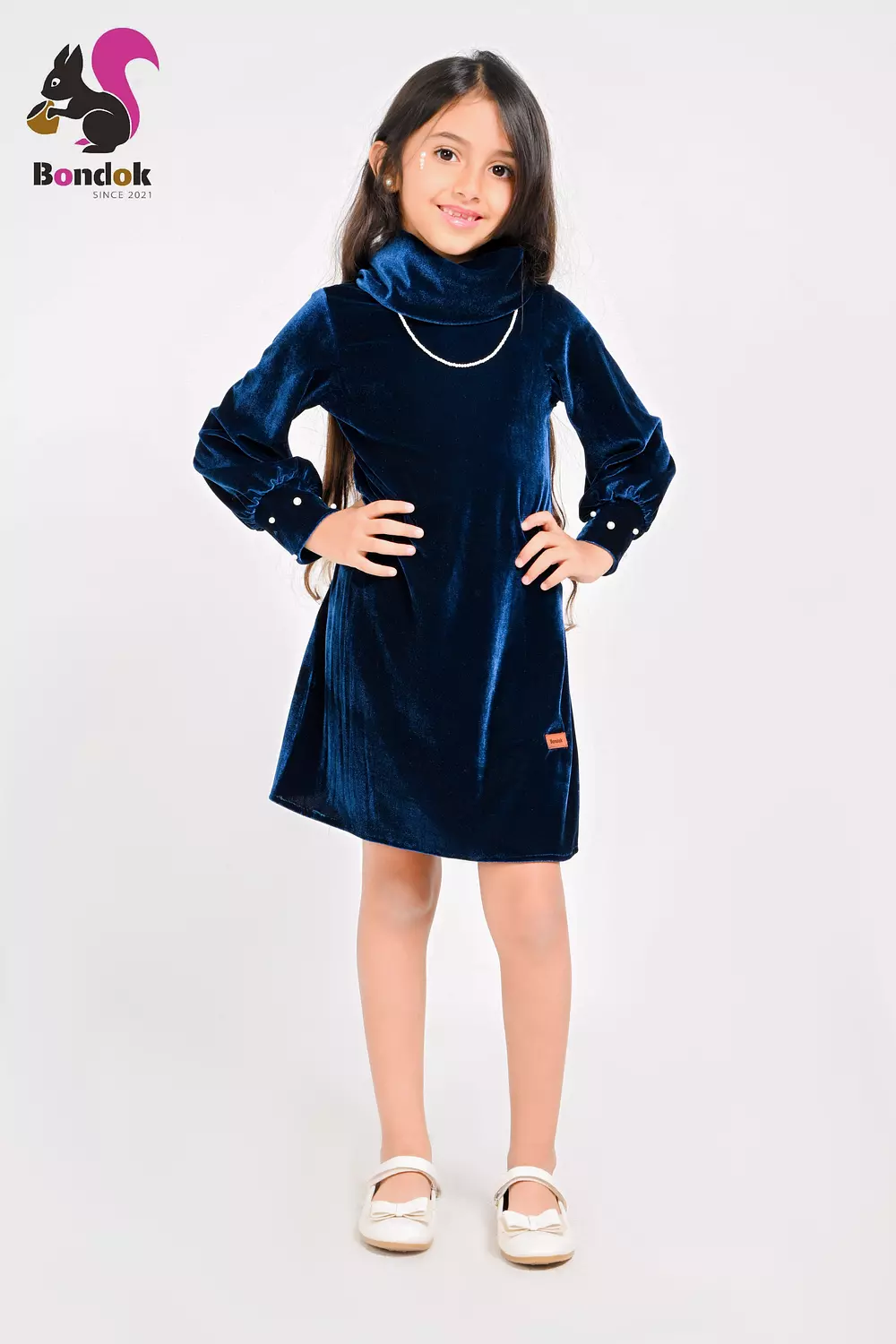 Pearl Slim Dress for Girls, Velvet Long Sleeve (RED, BLACK, EMERALD GREEN, NAVY BLUE AND DEEP FUCHSIA) 11