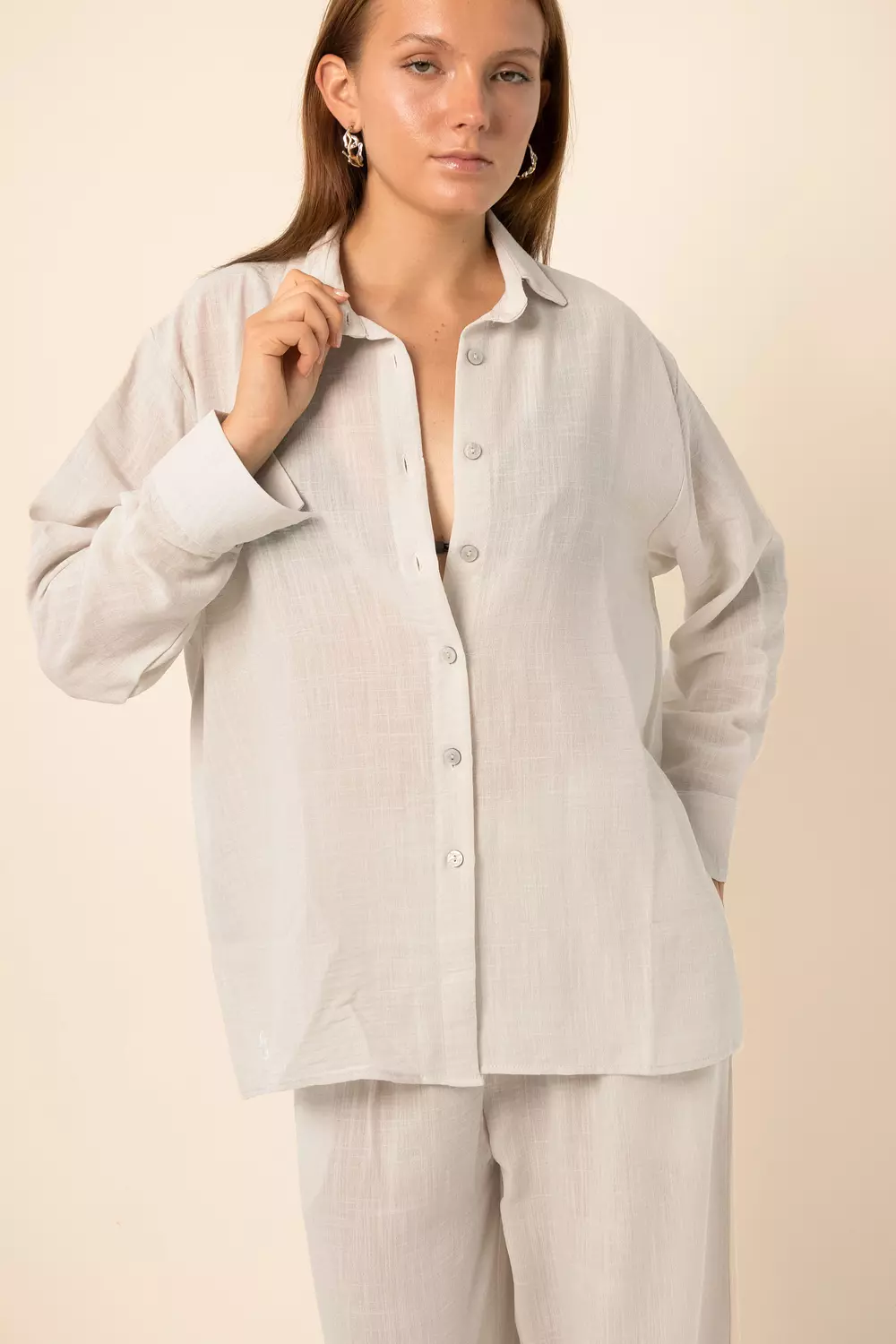 Oversized Shirt with side buttons - Oyster White 2