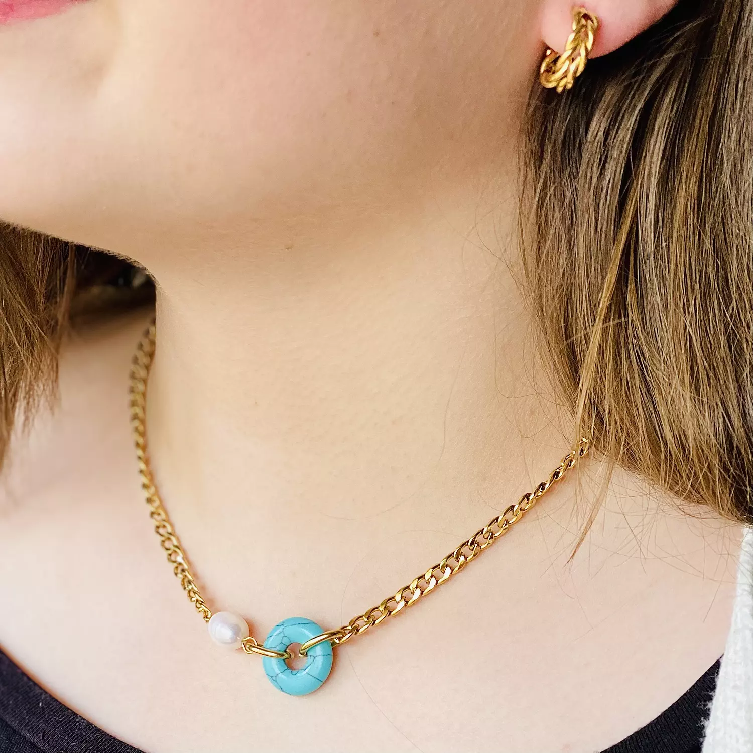Fresh water pearl with natural turquoise stone necklace  hover image