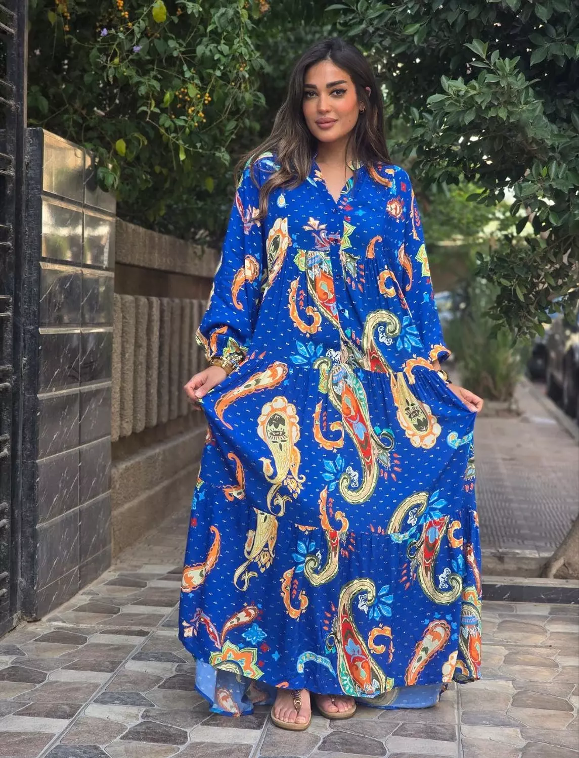 Royal blue multicolour dress with gold shimmer hover image