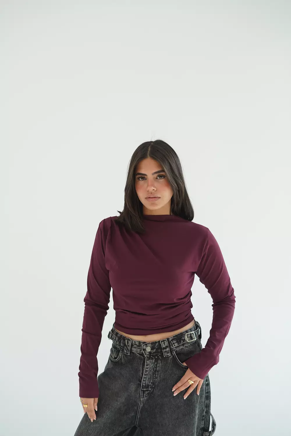 Burgundy basic long sleeve top hover image