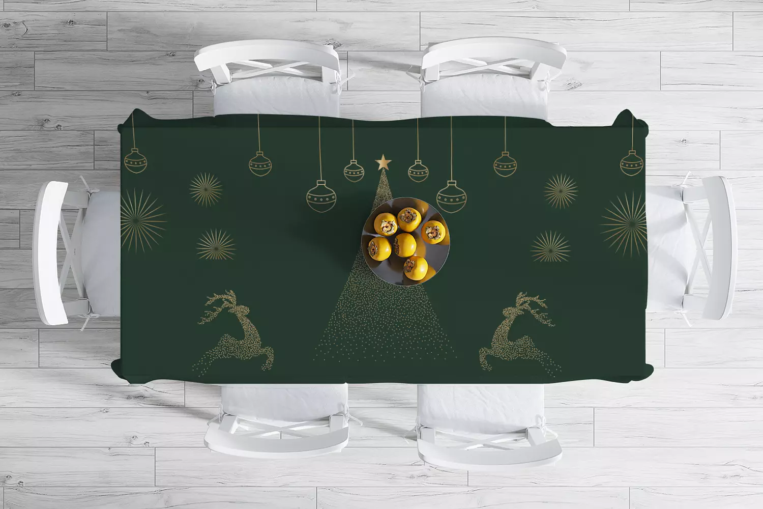 Christmas Tablecloth - Golden Tree and Reindeer  - Dark Green Pattern  - 150 cm in 250 cm  image