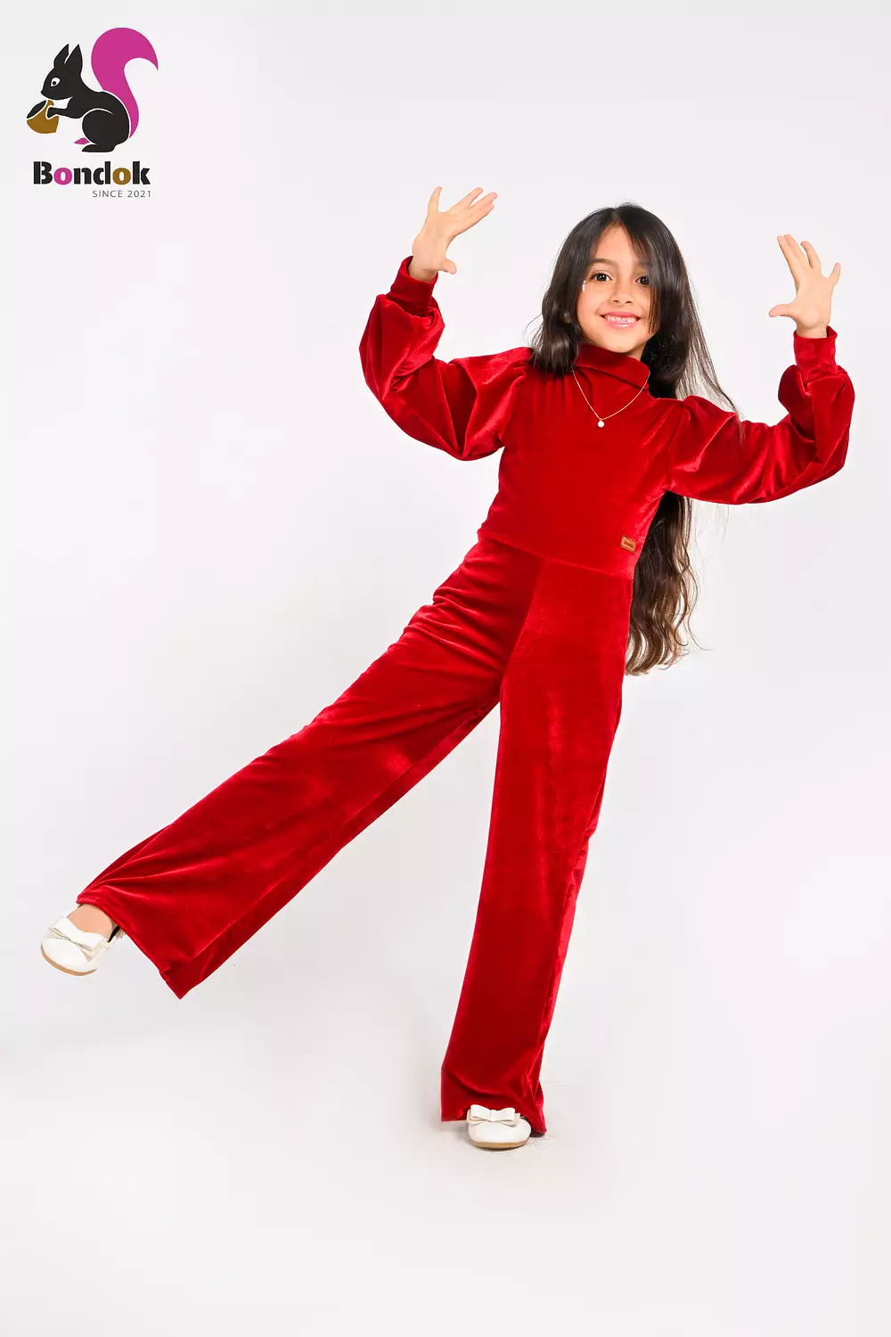 Girls Velvet Jumpsuit, Long Sleeve Wide Leg 1