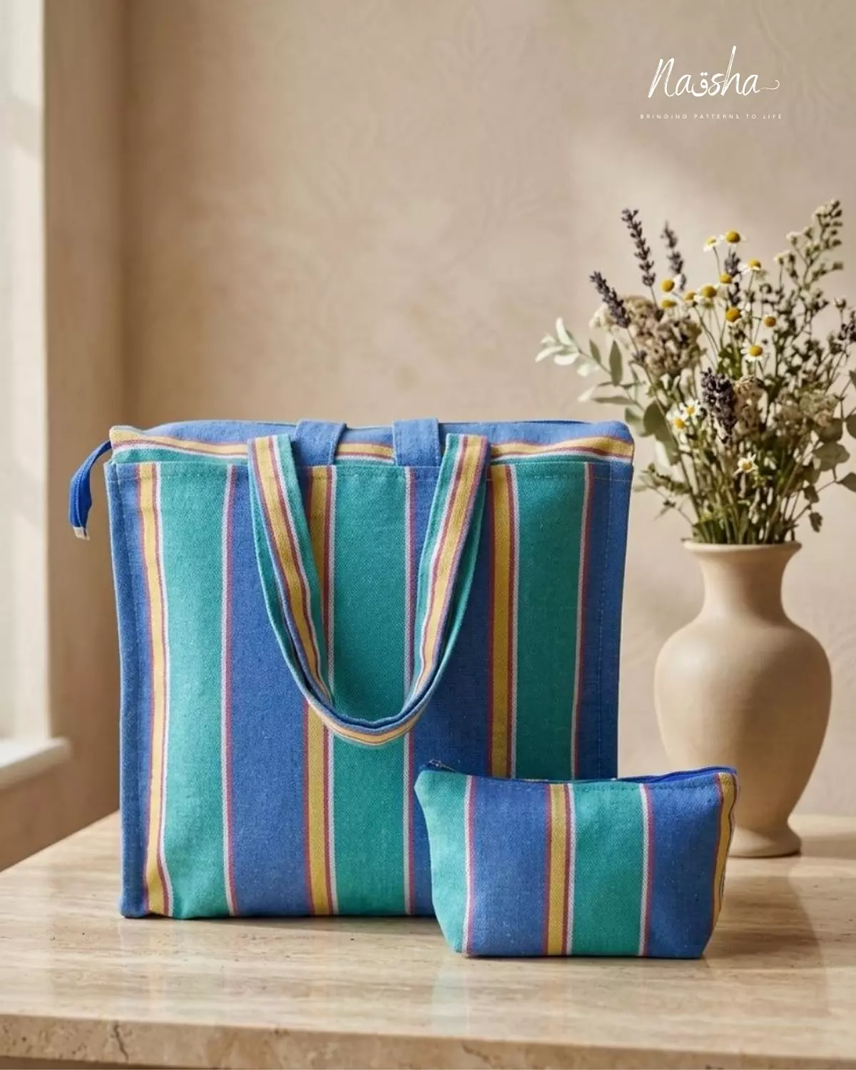 The Green Blue & Yellow Canvas Striped Tote image