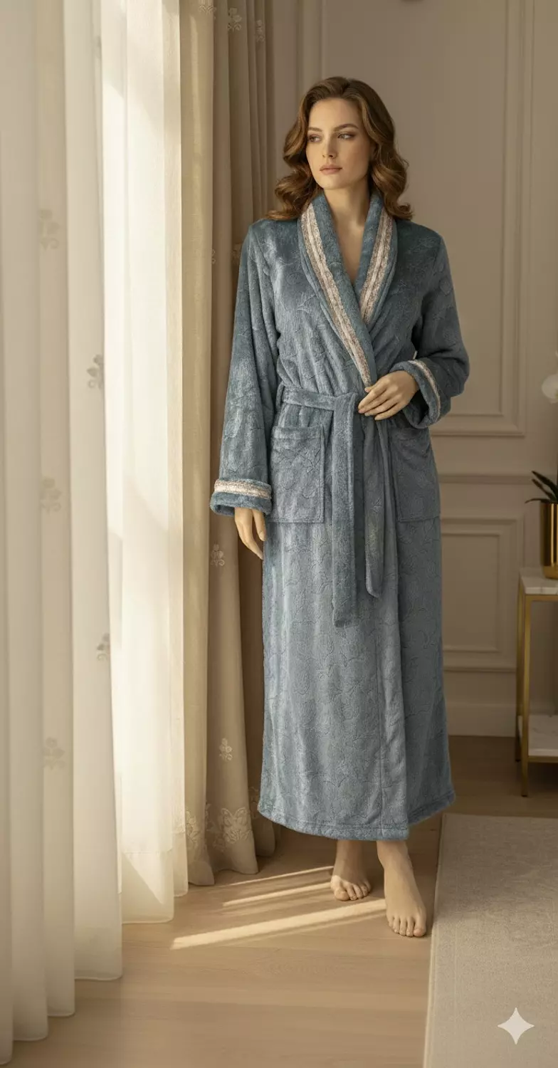Frosted Petrol Embossed Lace Winter Robe 6