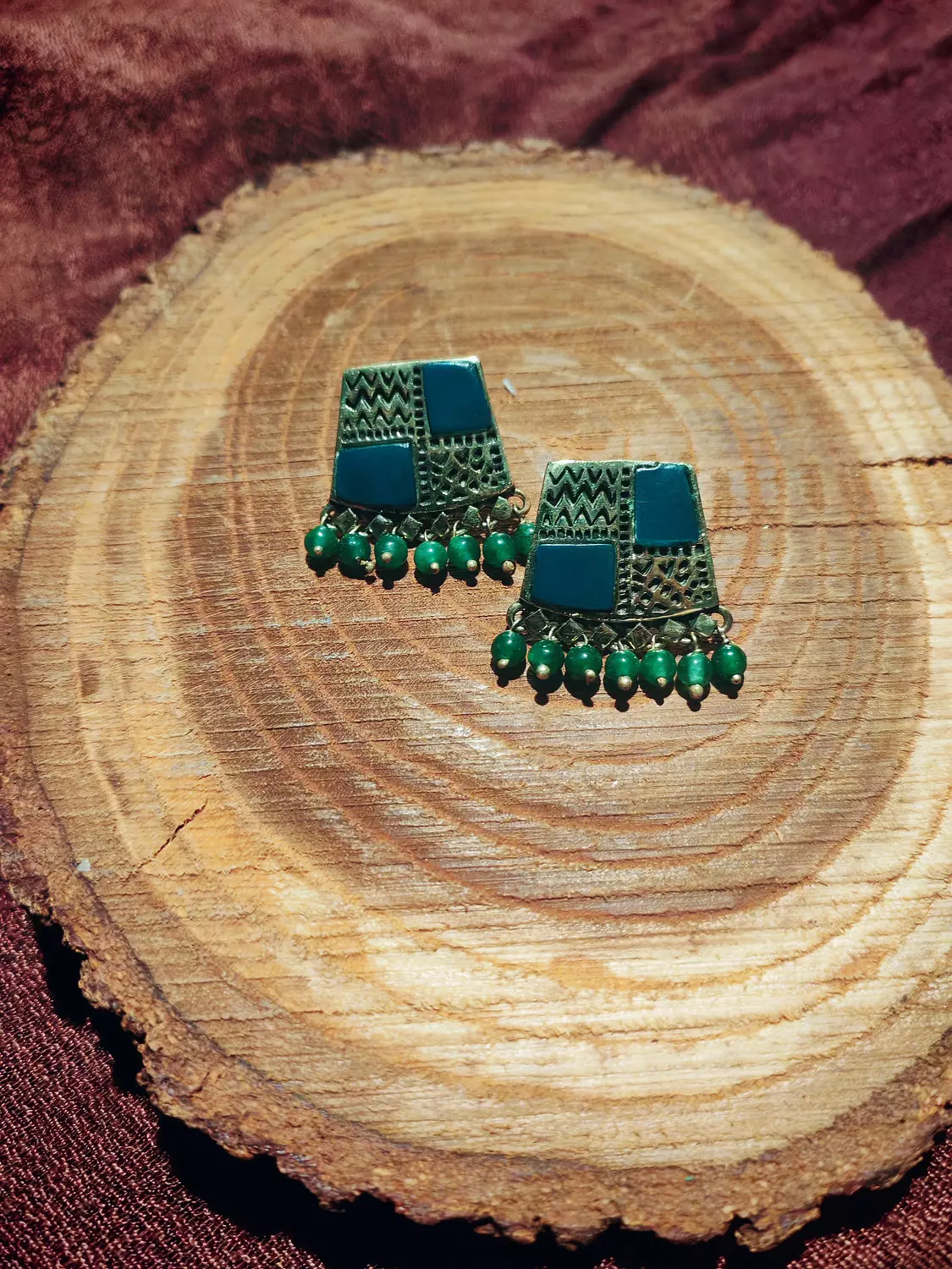 Brass earrings with green stones 2