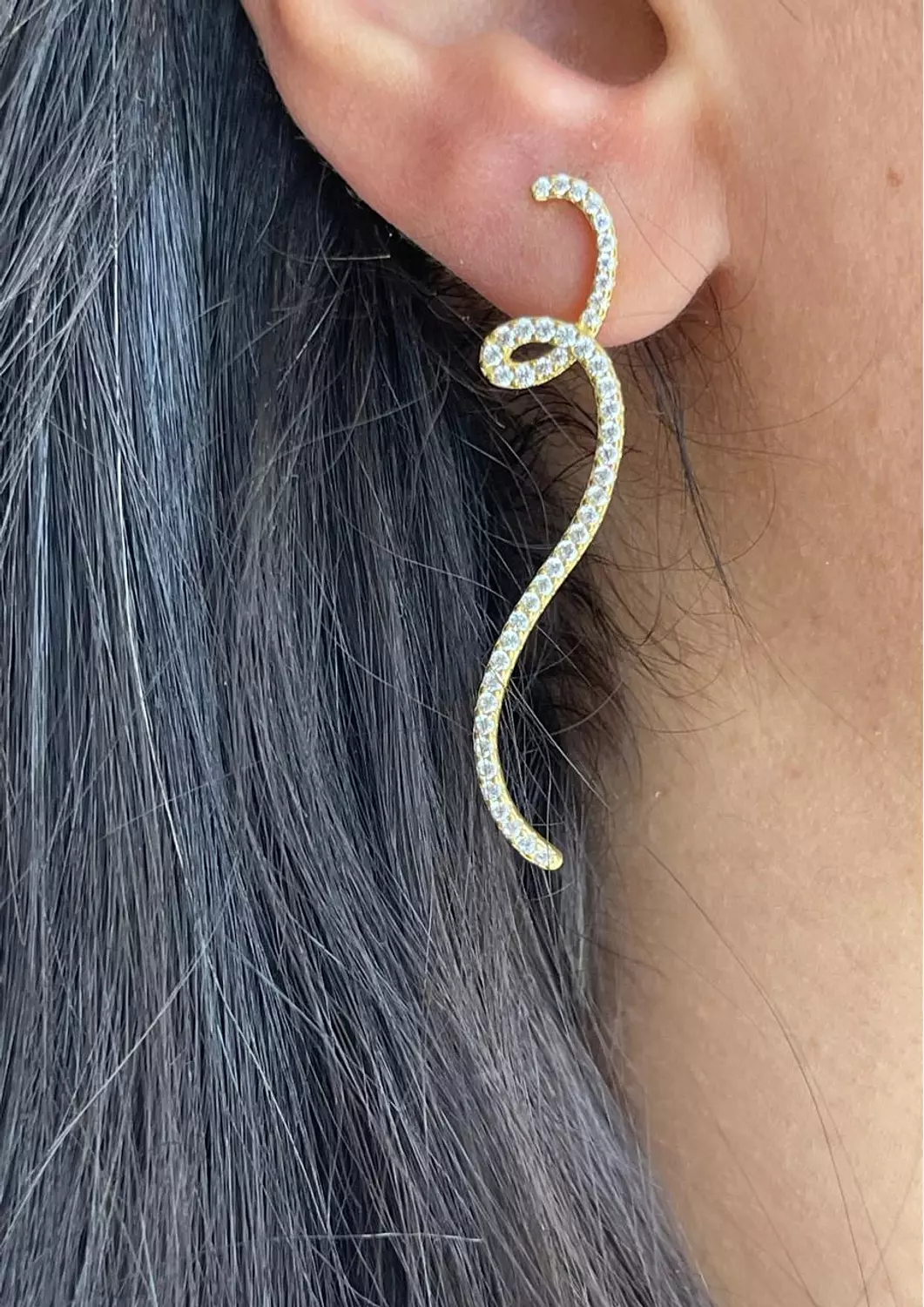 Zircon stones silver long earrings curved shape gold plated image