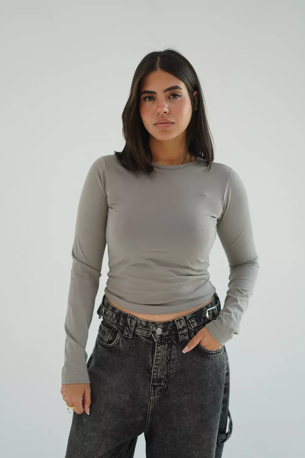 Gray top with long sleeve hover image