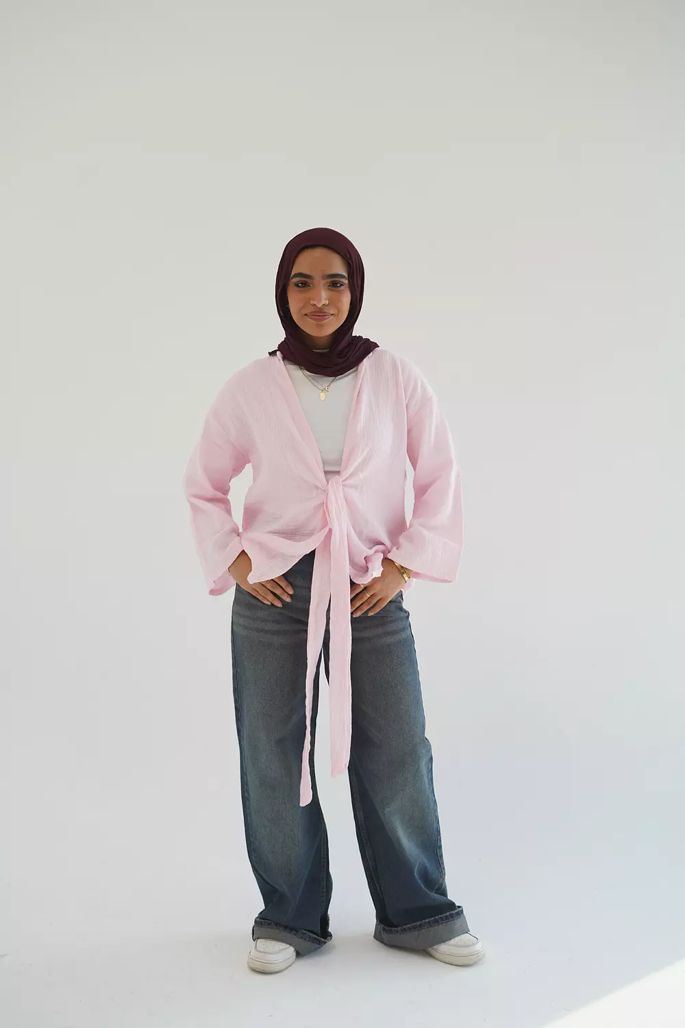 Pink open cotton blouse with front tie 3