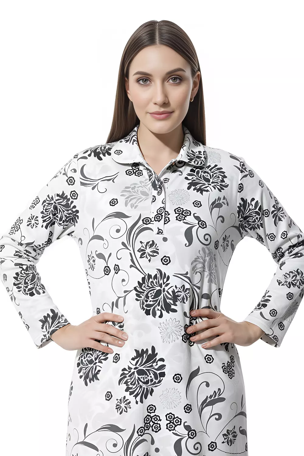 Shorto Women's Collar Fleece Flowers Printed Nightgown - 2647- Petroleum Blue 3